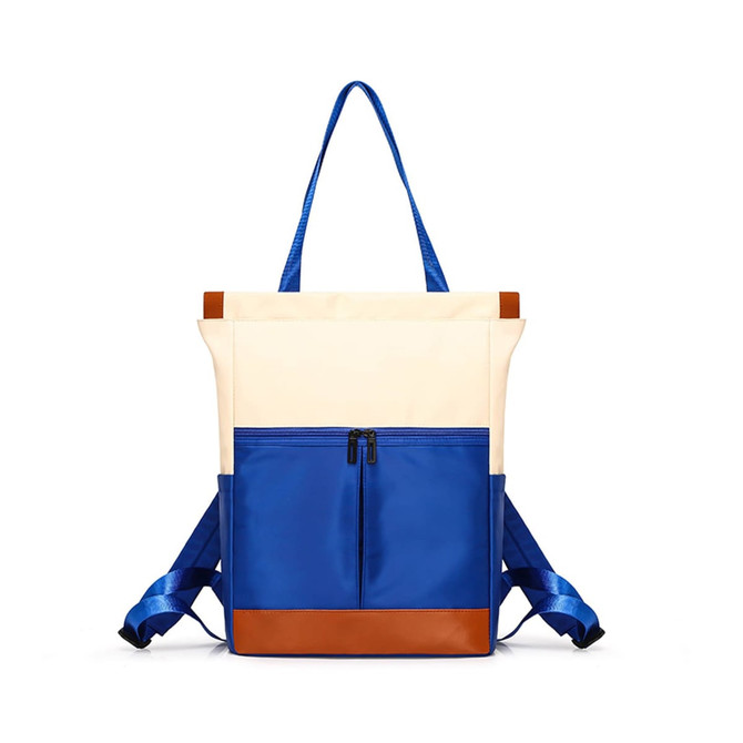 A convertible backpack to tote bag in cream and blue, featuring shoulder straps and a front zip pocket.