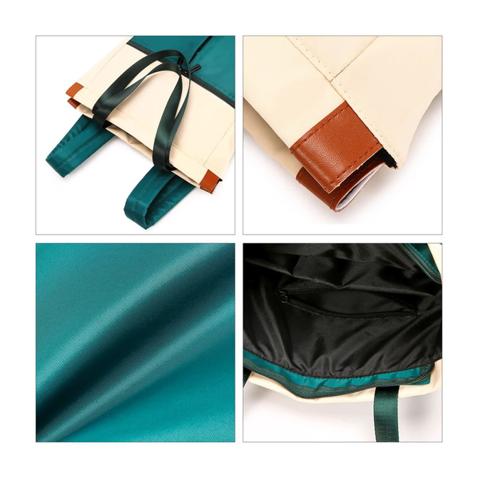 A convertible nylon backpack in teal and cream, featuring leather accents and a zippered interior pocket.