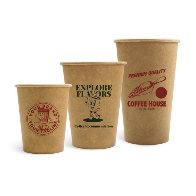 A set of three brown kraft paper cups, featuring various designs and a logo on each cup.