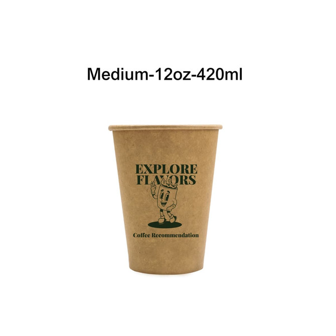 A kraft paper cup with a cartoon character design, featuring a logo and a medium 12 oz capacity.