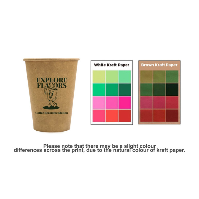 A compostable kraft paper cup in brown with a logo, alongside colour samples of white and brown kraft paper.