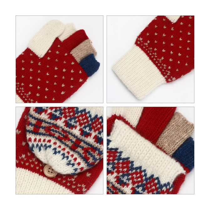 Fingerless gloves with flip cover, featuring a red, cream, and navy design with patterned detailing and a button.