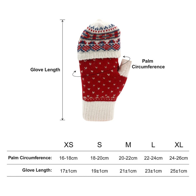 Adults jacquard fingerless gloves with flip cover, featuring a red and cream design with a patterned top.