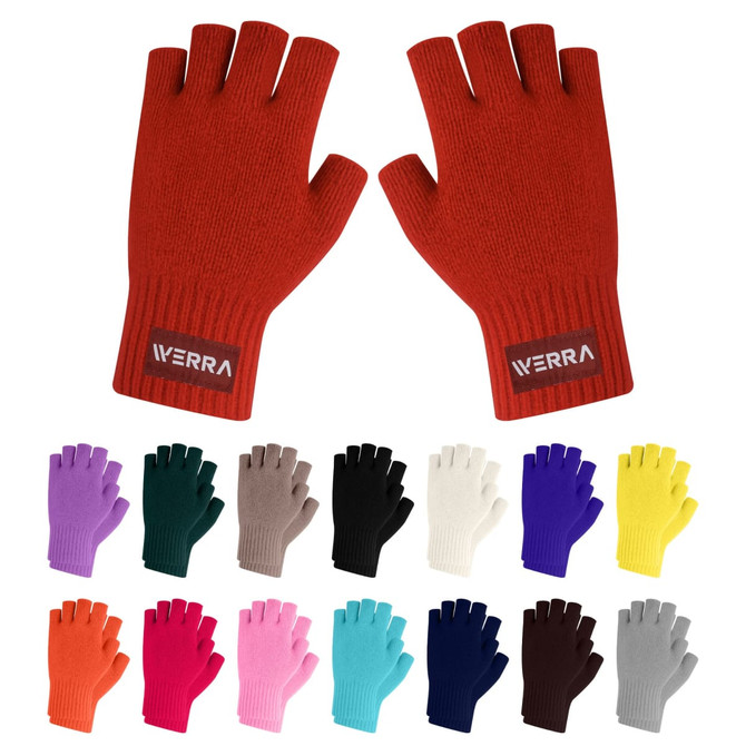 Fingerless gloves in various colours, including red, purple, black, and white, featuring a woven label.