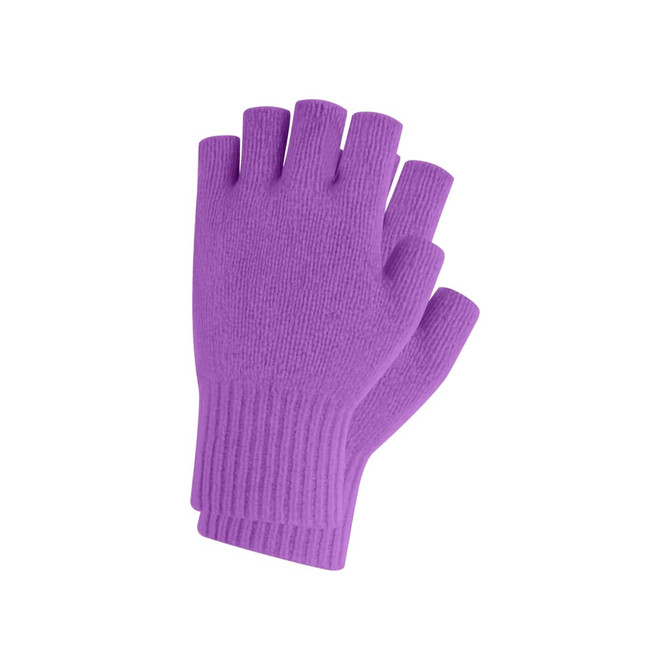 A pair of purple knitted fingerless gloves with a ribbed cuff and a woven label.