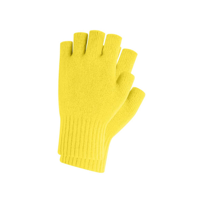 Bright yellow fingerless gloves made of knitted fabric, featuring a woven label. Ideal for cool weather.