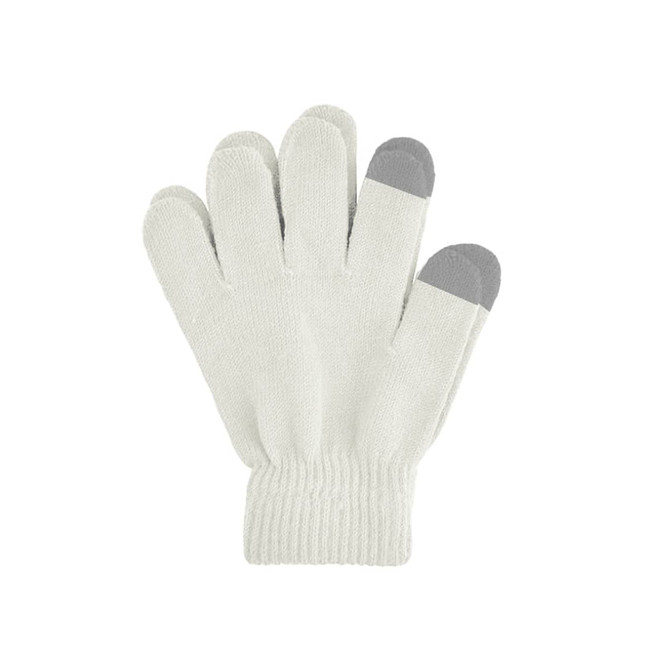 A pair of plain knitted gloves in white with grey fingertips, featuring a woven label.
