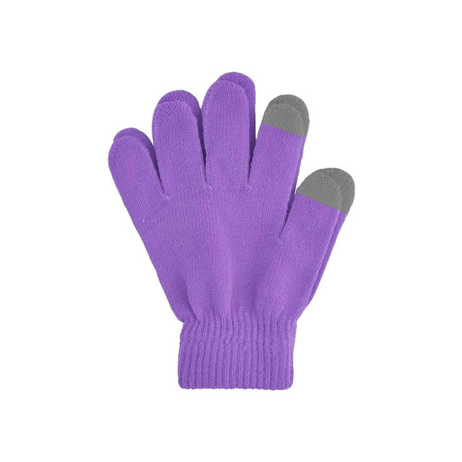 A pair of plain purple knitted gloves featuring grey fingertips and a woven label.