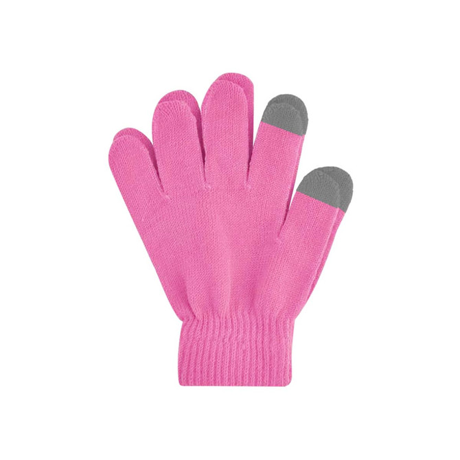 A pair of pink knitted gloves with grey tips on the fingers, featuring a woven label.