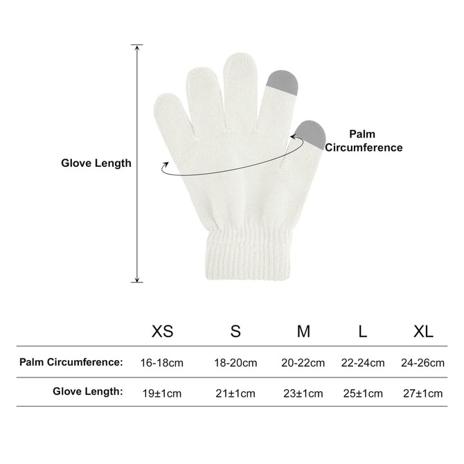 A pair of white knitted gloves with a woven label, displayed with measurements for size options.