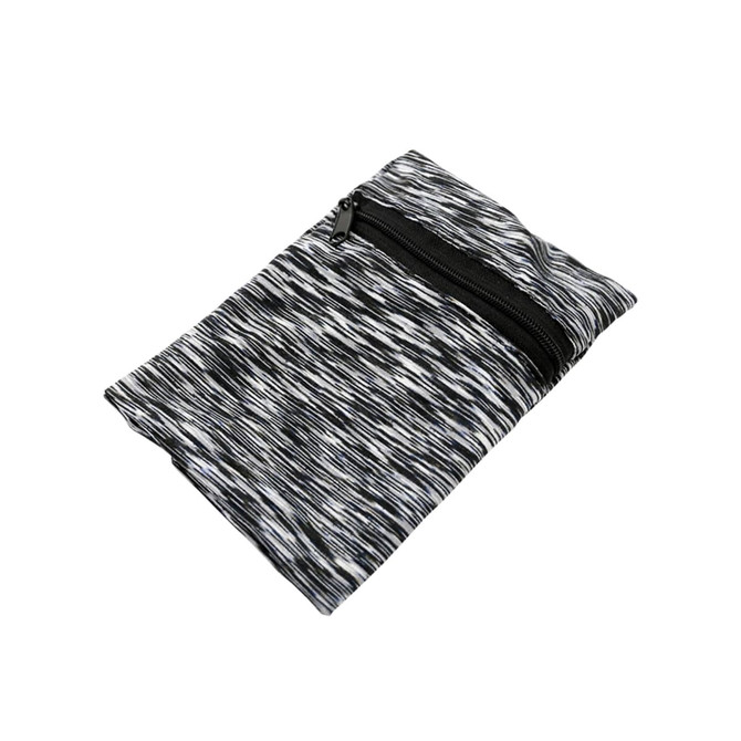 A mini wearable wallet in a black and white abstract pattern with a zip closure. It has a small logo on it.