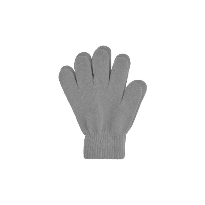 A pair of plain grey knitted gloves with a woven label, featuring individual finger sections and a ribbed cuff.
