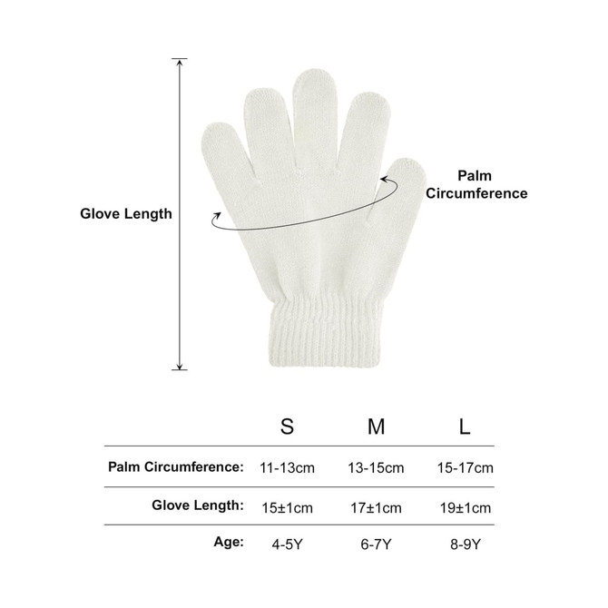 Plain white knitted gloves with a ribbed cuff, featuring a woven label for branding. Various sizes are available.