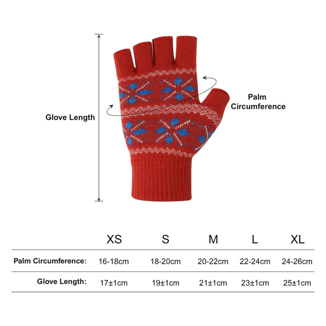 A pair of red jacquard fingerless gloves with blue and white snowflake patterns, featuring a size chart.