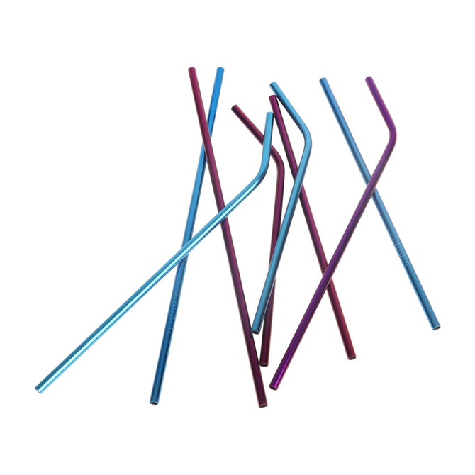 A collection of stainless steel straws in shades of blue and purple, arranged in a casual overlapping manner.
