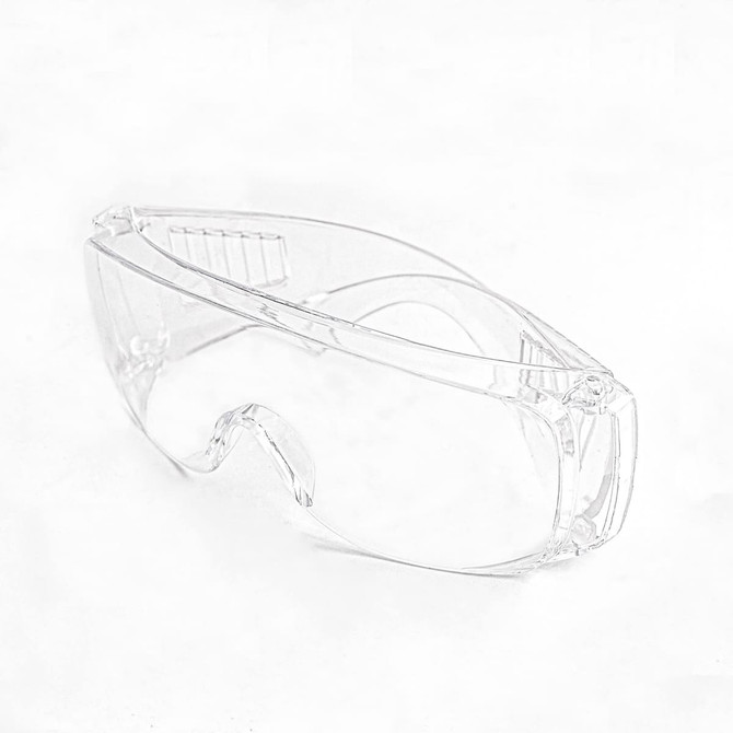 Clear anti-fog safety protective goggles with a streamlined design, featuring a logo on the side.