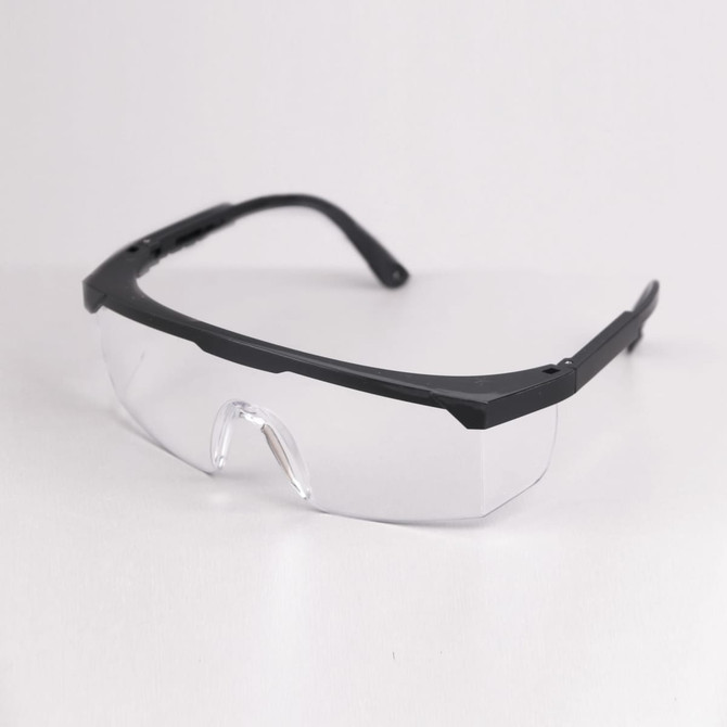 Retractable goggles featuring a black frame and clear anti-fog lenses, with a logo on the side.