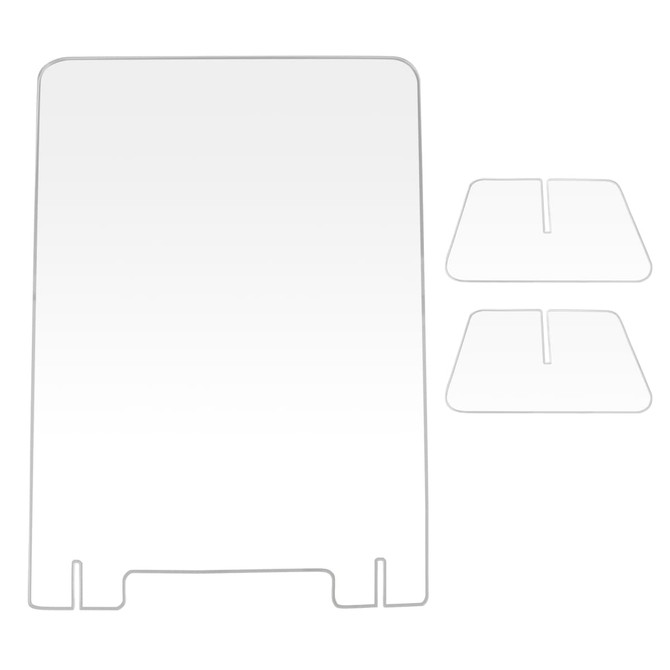 A clear personal protection screen with a rounded top and two smaller, matching stands beside it.