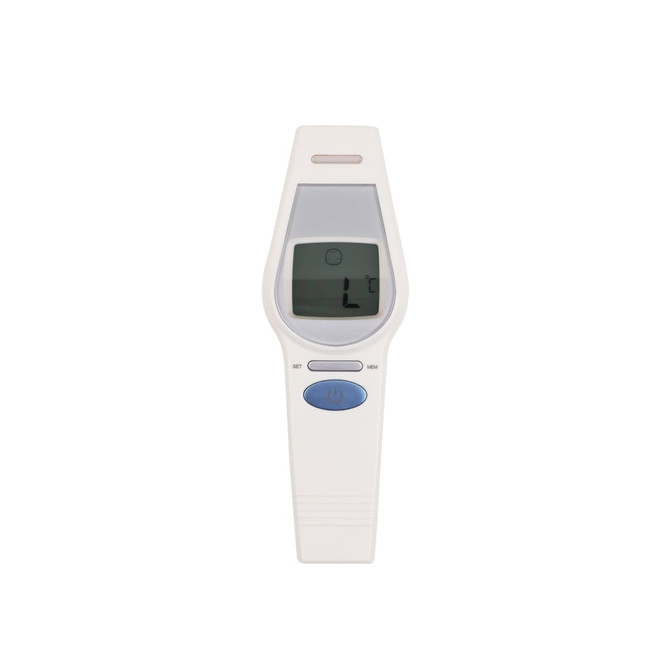 A white touchless digital infrared forehead thermometer with an LCD display and a blue button. It has a simple, ergonomic design.