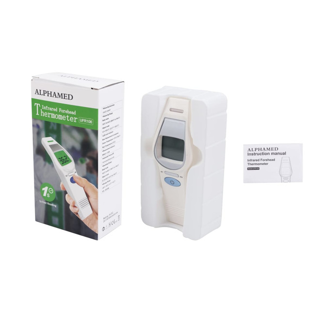 A white touchless digital infrared forehead thermometer with a packaging box and instructional manual.