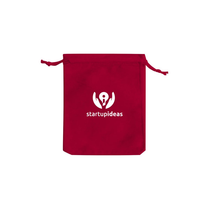 A red velvet drawstring bag with a logo at the front. A red velvet drawstring bag with a logo at the front.