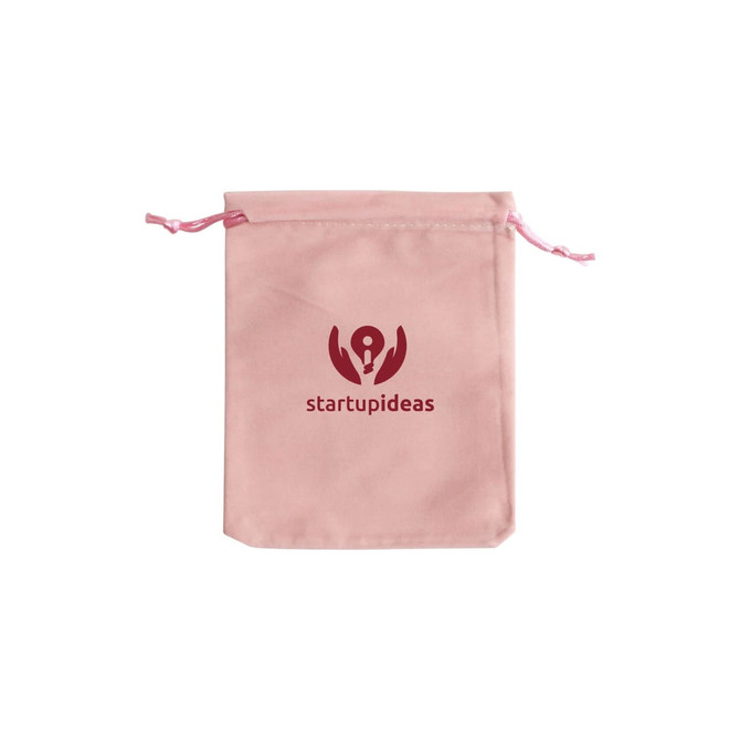 A pink velvet drawstring bag with a logo printed on the front. The bag has matching pink drawstrings. A pink velvet drawstring bag with a logo printed on the front. The bag has matching pink drawstrings.
