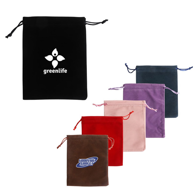 A set of velvet drawstring bags in black, red, pink, purple, and brown, with some featuring logos.