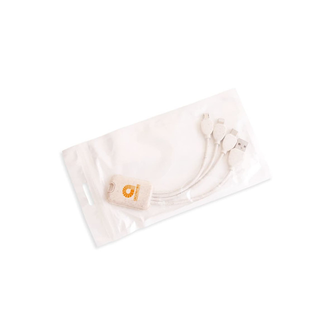 A square-shaped wheat straw charging cable in a clear plastic pouch, featuring a logo and multiple connectors. A square-shaped wheat straw charging cable in a clear plastic pouch, featuring a logo and multiple connectors.