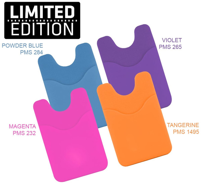A selection of four phone wallets in Powder Blue, Violet, Magenta, and Tangerine, featuring a textured design and logos.