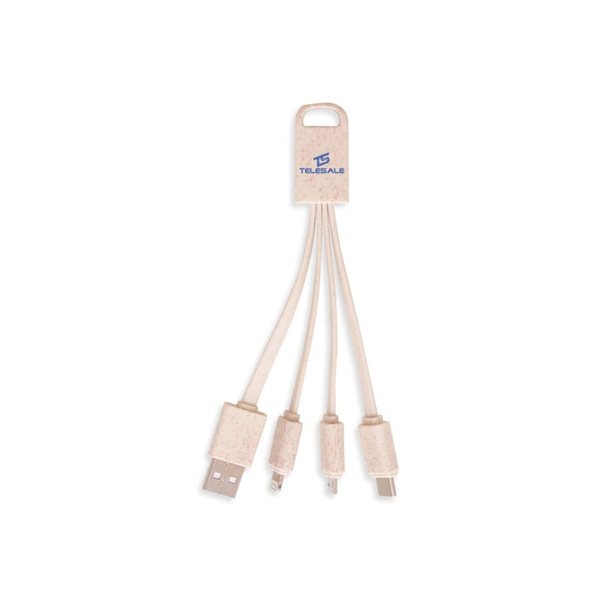 A square-shaped wheat straw charging cable in beige, featuring a USB connector and multiple charging tips.
