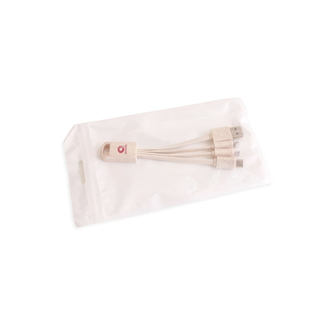 A square-shaped wheat straw charging cable in a clear packaging, featuring multiple USB connectors. The cable is beige.