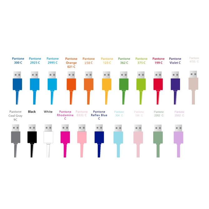 A selection of charging cables in various colours, including black, white, and vibrant shades, each with a keyring attachment.