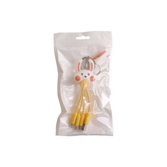 A custom-shaped PVC charging cable with a keyring in white and yellow, featuring a cute animal design.