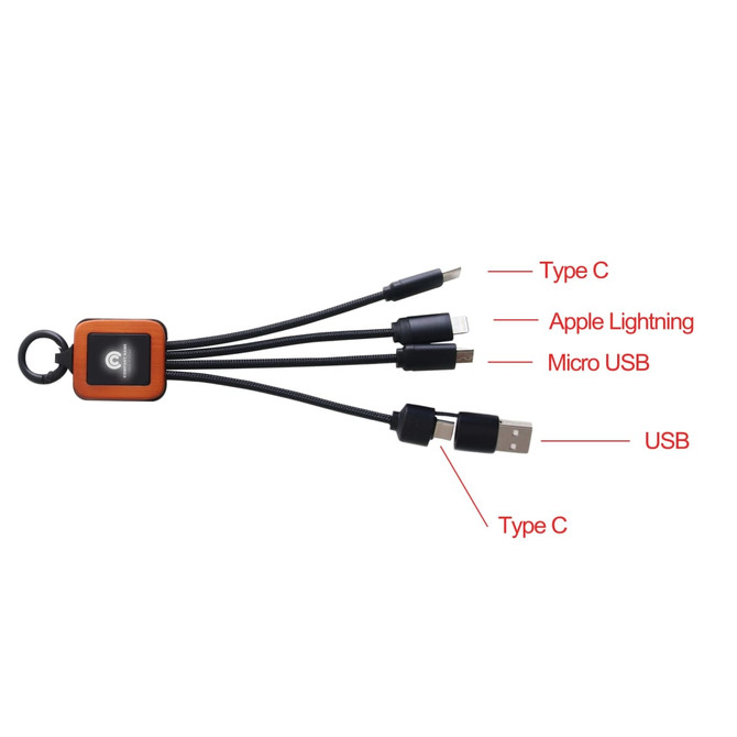 A square-shaped light-up charging cable in black and orange, featuring Type C, Apple Lightning, and Micro USB connectors. A square-shaped light-up charging cable in black and orange, featuring Type C, Apple Lightning, and Micro USB connectors.