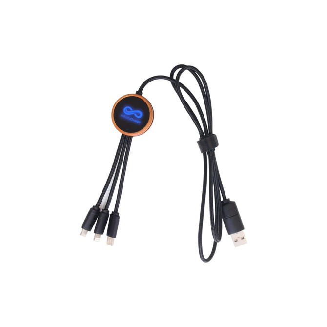 A round-shaped charging cable in black with an illuminated connection point and multiple USB attachments.