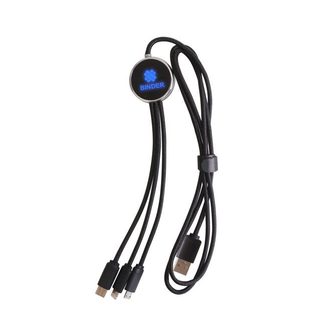 A 1.2m long, black, three-in-one charging cable with a circular connector and a logo.