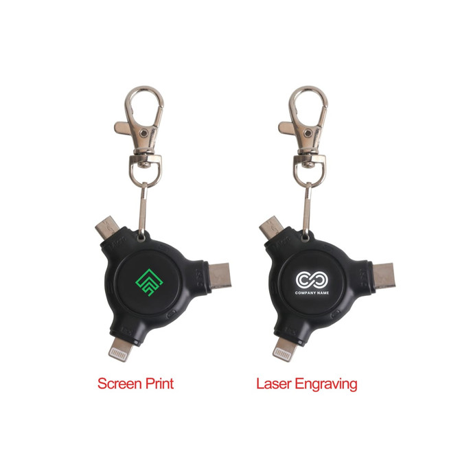 A black, three-in-one ABS data blocker with keyring attachments and various charging connectors. Includes branding.