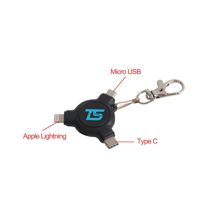 A black 3-in-1 ABS data blocker with Apple Lightning, Micro USB, and Type C connectors, attached to a keyring.