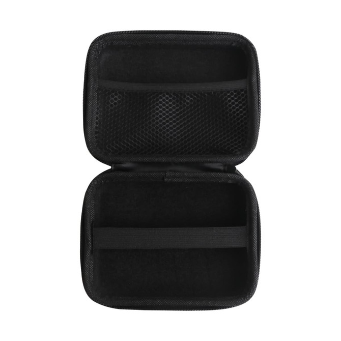 A medium black zipper case with mesh pockets and elastic straps inside for organisation. It features a textured surface. A medium black zipper case with mesh pockets and elastic straps inside for organisation. It features a textured surface.