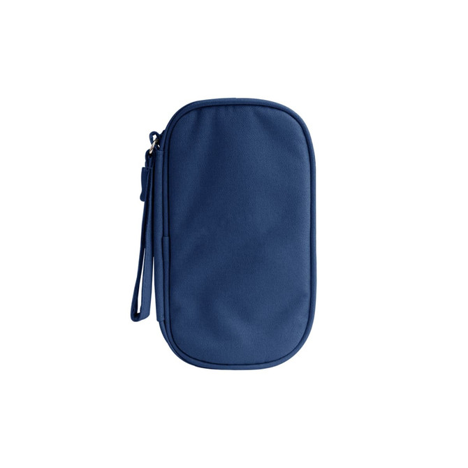 A navy blue electronic accessory organiser bag with a zip closure and a wrist strap.