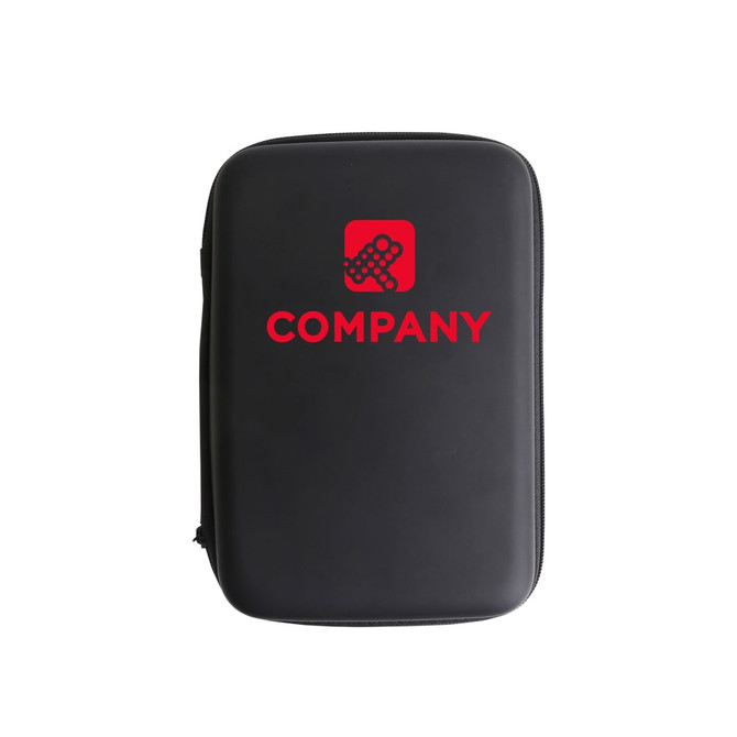 A large black zipper case with a logo on the front, suitable for storing personal items. A large black zipper case with a logo on the front, suitable for storing personal items.