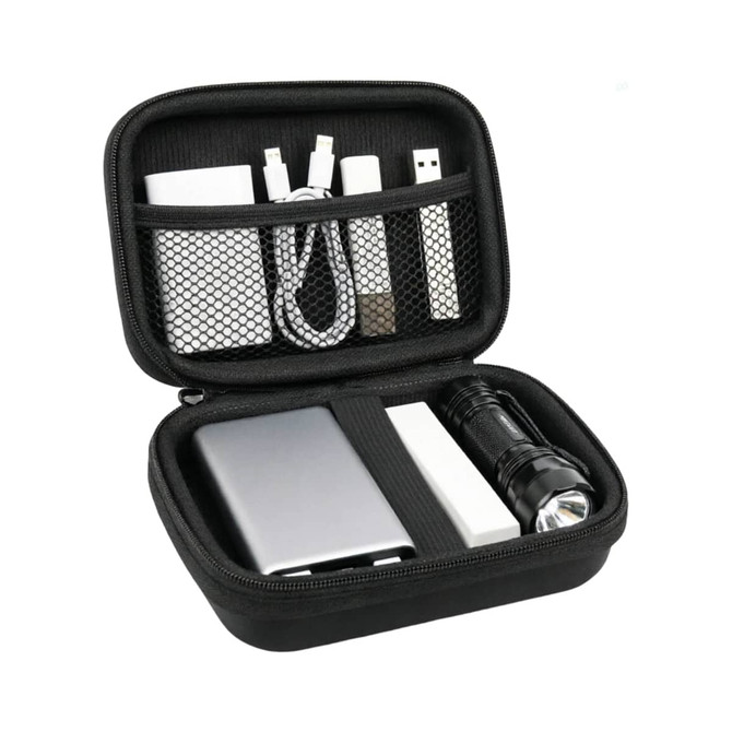 A black zipper case containing a portable charger, cables, a flashlight, and USB drives in a mesh pocket.