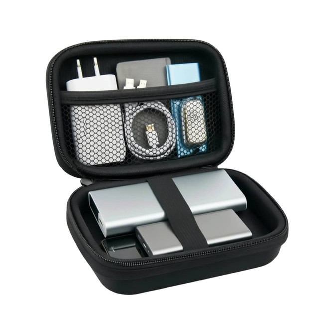 A black zipper case filled with various electronic accessories, including chargers, cables, and a power bank.