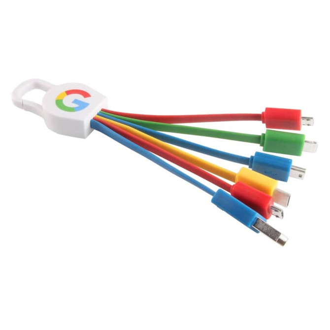 A charging cable with six connectors in red, blue, green, yellow, and black, featuring a logo on the connector.