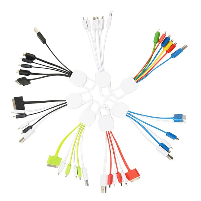 A variety of charging cables in multiple colours, including white, black, red, green, blue, and yellow, with connectors for different devices.