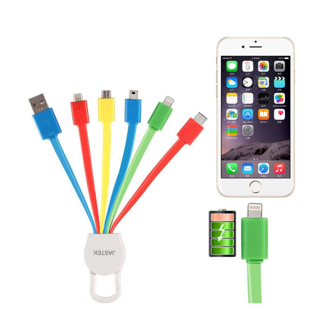 A 6-in-1 charging cable in red, yellow, green, and blue with a white holder, alongside a smartphone displaying icons.