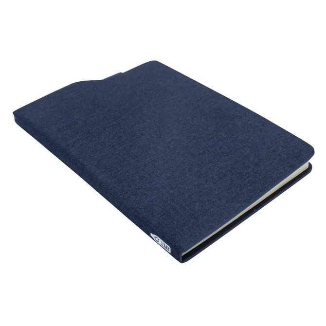 A navy blue A5 notebook with a textured cover and a logo on the side.