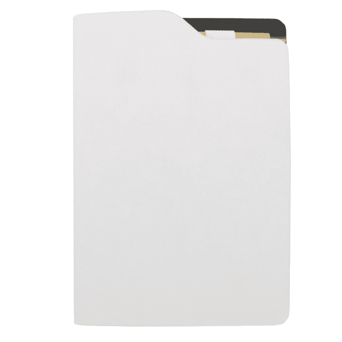 A white A5 notebook with a textured cover, featuring an inside pocket and a logo on the front.
