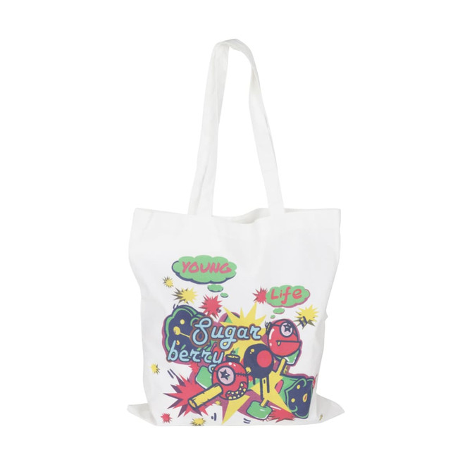 A white cotton tote bag featuring a colourful graphic design and long handles, along with a logo. A white cotton tote bag featuring a colourful graphic design and long handles, along with a logo.