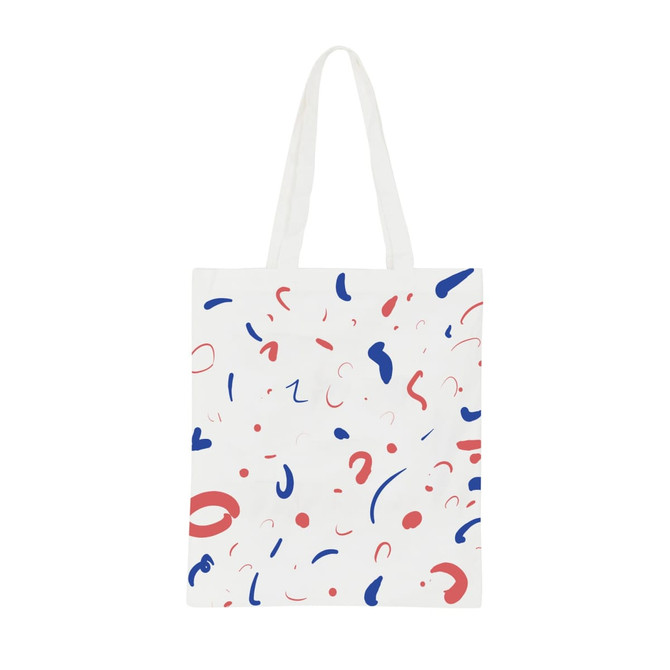 A long handle cotton bag with a white background featuring abstract designs in red and blue. It has a logo. A long handle cotton bag with a white background featuring abstract designs in red and blue. It has a logo.
